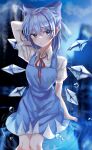  1girl arm_behind_head blue_bow blue_dress blue_eyes blue_hair blurry blurry_background blush bow breasts cirno closed_mouth collared_shirt depth_of_field dress droplets eyebrows_visible_through_hair feet_out_of_frame hair_between_eyes hair_bow highres ice ice_wings kitty knees_together looking_to_the_side medium_breasts mountain neck_ribbon puffy_short_sleeves puffy_sleeves red_neckwear red_ribbon reflection ribbon shirt short_hair short_sleeves sky solo standing touhou tree water white_shirt wings 