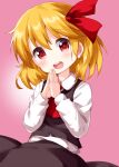  1girl ascot bangs black_skirt black_vest blonde_hair collared_shirt eyebrows_visible_through_hair hair_between_eyes hair_ribbon hands_together highres long_sleeves looking_at_viewer medium_hair open_mouth pink_background red_eyes red_neckwear red_ribbon ribbon rumia ruu_(tksymkw) shirt simple_background skirt solo standing teeth touhou vest white_shirt 