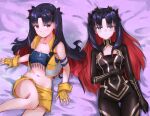  2girls bangs black_bodysuit black_hair black_ribbon blue_bandeau blush bodysuit breasts collarbone covered_navel cropped_vest dual_persona eyebrows_visible_through_hair fate/grand_order fate_(series) fingerless_gloves gloves hair_ribbon ishtar_(fate)_(all) looking_at_viewer lying maki_(pixiv9288678) midriff multicolored_hair multiple_girls navel on_back parted_bangs redhead ribbon shorts small_breasts space_ishtar_(fate) two-tone_hair two_side_up vest yellow_gloves yellow_shorts yellow_vest 