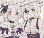  2girls alina_gray alina_gray_(halloween_ver.) bandaged_arm bandages blush choker frills halloween halloween_costume hat highres magia_record:_mahou_shoujo_madoka_magica_gaiden magical_girl mahou_shoujo_madoka_magica mask_over_one_eye misono_karin misono_karin_(halloween_ver.) multiple_girls mutennca0627 official_alternate_costume pumpkin ribbon sarashi star_(symbol) 