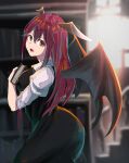  1girl :d backlighting bat_wings black_dress blurry book book_hug bookshelf breasts collared_shirt colored_eyelashes cowboy_shot depth_of_field dress dress_shirt hair_between_eyes head_wings highres holding holding_book i-coat koakuma long_hair looking_at_viewer looking_to_the_side medium_breasts necktie open_mouth pinafore_dress puffy_short_sleeves puffy_sleeves red_eyes red_neckwear redhead shirt short_sleeves sidelocks sleeveless sleeveless_dress smile solo stairs touhou white_shirt wings 