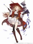  &gt;:) 1girl :d asymmetrical_legwear blonde_hair book boots bracelet cloak cross-laced_footwear dress frills full_body gloves hat jewelry ji_no little_red_riding_hood_(sinoalice) long_hair looking_at_viewer official_art open_mouth orange_eyes single_thighhigh sinoalice smile solo square_enix thigh-highs torn_cloak torn_clothes upper_teeth wand white_background white_dress witch_hat 