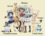  ;d animal animal_ear_fluff animal_ears arm_grab backpack bag bangs black-framed_eyewear black_eyes black_footwear black_gloves black_hair black_legwear black_skirt blonde_hair blue_eyes blue_shirt bow bowtie brown_eyes brown_footwear character_name closed_mouth commentary_request common_raccoon_(kemono_friends) elbow_gloves english_text fennec_(kemono_friends) fennec_fox fox_ears fox_tail gloves green_hair grey_hair grey_headwear grey_shorts hair_ribbon hand_on_another&#039;s_shoulder hand_on_hip hat_feather helmet highres holding holding_animal kaban_(kemono_friends) kemono_friends legwear_under_shorts long_hair looking_at_viewer low-tied_long_hair lucky_beast_(kemono_friends) miniskirt mirai_(kemono_friends) namesake one_eye_closed open_mouth pantyhose pink_ribbon pink_shirt pith_helmet pleated_skirt print_gloves print_legwear print_neckwear raccoon raccoon_ears raccoon_tail red_shirt ribbon semi-rimless_eyewear serval serval_(kemono_friends) serval_ears serval_print serval_tail shirt shoes short_hair short_jumpsuit short_sleeves shorts simple_background skirt smile standing standing_on_one_leg striped_tail tail thigh-highs under-rim_eyewear white_footwear white_gloves white_headwear white_legwear white_skirt yamaguchi_yoshimi yellow_background yellow_eyes yellow_gloves yellow_legwear yellow_neckwear 
