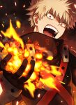  1boy angry bakugou_katsuki bangs black_gloves black_jacket blonde_hair boku_no_hero_academia commentary_request embers explosion furrowed_eyebrows gloves hand_up high_collar highres jacket looking_at_viewer male_focus open_mouth red_eyes short_hair solo spiky_hair teeth upper_body v-shaped_eyebrows yuko666 