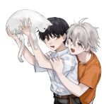  2boys absurdres animal annoyed belt black_hair black_pants brown_eyes cat commentary_request highres holding holding_animal holding_cat ikari_shinji looking_at_another male_focus multiple_boys muuyiie nagisa_kaworu neon_genesis_evangelion open_mouth orange_shirt pants red_eyes shirt shirt_tucked_in short_hair short_sleeves simple_background t-shirt upper_body upper_teeth white_background white_shirt 