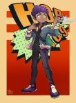  1boy black_pants black_shirt blue_jacket blush bo9_(bo9_nc) closed_mouth commentary_request dark_skin dark_skinned_male dated energy fur-trimmed_jacket fur_trim green_bag holding holding_poke_ball hop_(pokemon) jacket male_focus pants poke_ball poke_ball_(basic) pokemon pokemon_(game) pokemon_swsh purple_hair shirt shoes short_hair signature smile solo standing yellow_eyes 