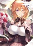  1girl ;) bangs bare_shoulders bird black_gloves bouquet breasts commentary dove dress elbow_gloves eyebrows_visible_through_hair feathers flower gloves gochuumon_wa_usagi_desu_ka? hair_between_eyes hat highres hoto_cocoa ks_(xephyrks) large_breasts medium_hair mini_hat mini_top_hat older one_eye_closed orange_hair parted_lips smile solo staff tilted_headwear top_hat violet_eyes 