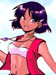  1girl :d bandeau bangs bare_shoulders bob_cut breasts clouds commentary dark_skin fushigi_no_umi_no_nadia gem green_eyes hair_ornament hairclip highres jewelry looking_at_viewer midriff monji_(user_gwha3724) nadia navel neck_ring necklace ocean open_mouth purple_hair red_vest short_hair sky small_breasts smile solo vest white_bandeau 