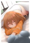  1girl alarm_clock bangs blanket brown_hair clock closed_mouth curtains hair_between_eyes indoors kantai_collection long_hair long_sleeves lying messy_hair mochizuki_(kantai_collection) ne_an_ito no_eyewear on_stomach orange_shirt panties shirt solo underwear white_panties window yellow_eyes 