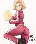  1girl android_18 aqua_eyes black_footwear blonde_hair dated dragon_ball dragon_ball_super earrings highres jacket jewelry long_sleeves pants pink_jacket pink_pants rakeem_garcia-cueto shoes short_hair signature simple_background solo track_suit white_background 