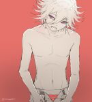  1boy artist_name bangs bun_nanami collarbone commentary cowboy_shot dangan_ronpa english_commentary hair_between_eyes highres limited_palette looking_at_viewer male_focus male_underwear navel new_dangan_ronpa_v3 no_nipples open_mouth open_pants ouma_kokichi pants red_background shiny shiny_hair shirtless short_hair simple_background solo underwear upper_teeth violet_eyes 