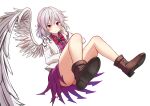  1girl absurdres bare_legs blush braid collared_dress dress expressionless feathered_wings full_body hair_between_eyes hand_on_own_face highres jacket junyamaekaki kishin_sagume knees_up legs looking_at_viewer medium_hair no_panties open_clothes open_jacket purple_dress red_eyes silver_hair simple_background single_wing solo spread_legs thighs touhou upskirt white_background white_jacket white_wings wings 