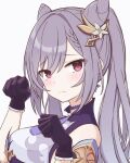  1girl blush closed_mouth collar double_bun earrings genshin_impact gloves hair_between_eyes hair_ornament hands_up highres jewelry keqing_(genshin_impact) long_hair looking_at_viewer purple_hair simple_background twintails upper_body user_ynnc2432 violet_eyes white_background 