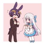  1boy 1girl alternate_costume animal_ears apron aurora_sya_lis_kaymin bangs black_jacket black_pants blue_bow blue_dress blue_footwear blunt_bangs blush_stickers bow brown_neckwear bunny_tail chibi closed_mouth collared_dress collared_shirt curled_horns demon_boy demon_cleric demon_horns demon_tail dress eyebrows_visible_through_hair fang flying_sweatdrops formal frilled_apron frills hacha_(hachaowo) hair_between_eyes hair_bow holding_tail horns jacket kemonomimi_mode long_hair long_sleeves maou-jou_de_oyasumi mary_janes necktie open_mouth pants pantyhose pink_background puffy_short_sleeves puffy_sleeves purple_hair rabbit_boy rabbit_ears shirt shoes short_sleeves silver_hair standing suit sweat tail two-tone_background very_long_hair violet_eyes white_apron white_background white_legwear white_shirt 