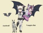  2girls aardwolf_(kemono_friends) aardwolf_ears aardwolf_print aardwolf_tail animal_ears arms_behind_head bangs bat bat_ears bat_wings black_eyes black_footwear black_hair black_neckwear black_shorts black_wings blouse blunt_bangs boots character_name collared_shirt commentary_request common_vampire_bat_(kemono_friends) cutoffs elbow_gloves english_text eyebrows_visible_through_hair fangs flying frilled_skirt frills gloves grey_blouse grey_skirt head_wings highres kemono_friends legwear_under_shorts long_sleeves looking_at_viewer medium_hair miniskirt multicolored_hair multiple_girls namesake necktie open_mouth pantyhose ponytail print_gloves print_legwear print_shirt purple_neckwear shirt short_hair short_shorts shorts simple_background skirt sleeveless sleeveless_shirt smile standing two-tone_hair vampire_bat violet_eyes white_gloves white_hair white_legwear white_shirt wings yamaguchi_yoshimi yellow_background 