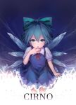  1girl :o ahoge blue_background blue_bow blue_dress blue_eyes blue_hair bow character_name cirno commentary_request dress feet_out_of_frame flat_chest gradient gradient_background hair_between_eyes hair_bow hand_to_own_mouth highres ice ice_wings leaning_forward neck_ribbon puffy_short_sleeves puffy_sleeves red_neckwear red_ribbon ribbon shirt short_hair short_sleeves siyumu solo standing touhou white_shirt wings 