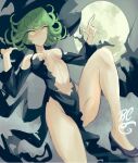  1girl black_dress black_footwear breasts breasts_apart dress flipped_hair green_eyes green_hair hands_up hat index_finger_raised knee_up long_sleeves looking_at_viewer medium_breasts moon navel one-punch_man rakeem_garcia-cueto solo tatsumaki torn_clothes witch_hat 