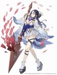  1girl black_hair breasts clothing_cutout earrings full_body hair_between_eyes holding holding_spear holding_weapon jewelry ji_no kaguya_hime_(sinoalice) large_breasts long_hair looking_at_viewer navel_cutout official_art platform_footwear polearm sandals sinoalice skull smile socks solo spear square_enix weapon white_background wide_sleeves 