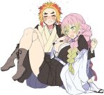  &gt;_&lt; 1boy 1girl bangs belt black_skirt blonde_hair blush braid carrying center_opening eyebrows_visible_through_hair gradient_hair green_hair kanroji_mitsuri kimetsu_no_yaiba kneeling looking_down multicolored_hair one_knee open_mouth pink_hair princess_carry redhead rengoku_senjurou skirt struggling sweat twin_braids v-shaped_eyebrows white_background white_belt yabaimo 