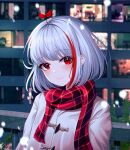  1girl absurdres arknights blush closed_mouth coat eyebrows_visible_through_hair highres looking_at_viewer multicolored_hair night outdoors red_scarf redhead ryon_y0421 scarf short_hair silver_hair smile snow snowing solo two-tone_hair upper_body w_(arknights) white_coat 