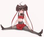  1girl absurdres ahoge bangs bare_shoulders black_footwear black_legwear blush bow bowtie breasts brown_eyes brown_hair double_bun fishnet_legwear fishnets high_heels highres kiritzuguart looking_at_viewer original pantyhose pleated_skirt skirt smile split 