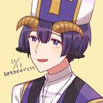  1boy :d bangs brown_background curled_horns dated demon_cleric demon_horns eyebrows_visible_through_hair fang hacha_(hachaowo) hair_between_eyes hat horns looking_at_viewer male_focus maou-jou_de_oyasumi open_mouth purple_hair robe simple_background smile solo translation_request upper_body violet_eyes white_headwear white_robe 