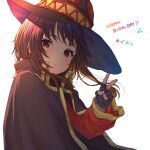  1girl bangs black_cape black_gloves blush brown_hair cape closed_mouth commentary_request dress eyebrows_visible_through_hair fingerless_gloves from_side gloves hand_up hat highres kono_subarashii_sekai_ni_shukufuku_wo! long_sleeves looking_at_viewer megumin red_dress red_eyes short_hair short_hair_with_long_locks simple_background smile solo tihoro1609 upper_body v white_background witch_hat 