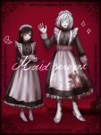  1boy 1girl :d :o akudama_drive alternate_costume apron black_dress black_hair blood blood_on_face bloody_clothes closed_eyes cup cutthroat_(akudama_drive) dress enmaided highres holding holding_mop holding_tray maid maid_apron maid_headdress mop multicolored_hair nemuritaa open_mouth pale_skin pink_eyes red_background simple_background smile standing sweat swindler_(akudama_drive) teacup teapot tray two-tone_hair waving white_footwear white_hair white_legwear 