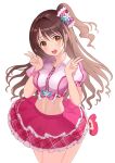  1girl bangs blush brown_hair commentary_request double_v eyebrows_visible_through_hair frilled_skirt frills idolmaster idolmaster_cinderella_girls idolmaster_cinderella_girls_starlight_stage kara_(exovum) long_hair looking_at_viewer midriff navel open_mouth pink_skirt puffy_short_sleeves puffy_sleeves shimamura_uzuki short_sleeves side_ponytail simple_background skirt solo standing standing_on_one_leg teeth upper_teeth v white_background yellow_eyes 