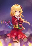  1girl adda alternate_breast_size alternate_costume alternate_headwear arms_up black_choker blonde_hair blurry bokeh breasts choker commentary_request cowboy_shot dango depth_of_field eyebrows_visible_through_hair fireflies flandre_scarlet floating_hair floral_print flower food frilled_sleeves frills hair_flower hair_ornament highres holding holding_food japanese_clothes jewelry kimono long_sleeves looking_at_viewer medium_breasts milky_way mountain night night_sky obi one_side_up outdoors partial_commentary pendant petticoat pink_flower pointy_ears primrose_(flower) red_eyes red_kimono sash short_hair short_kimono sky smile solo standing star_(sky) thigh-highs thigh_strap touhou touhou_cannonball wagashi white_legwear wide_sleeves wings yukata zettai_ryouiki 