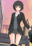  1girl amagami black_eyes black_hair black_legwear black_skirt blazer collared_shirt evening jacket kibito_high_school_uniform kneehighs looking_at_viewer nanasaki_ai open_mouth saitou_shouki school_uniform shirt short_hair skirt solo stairs sweater_vest translation_request 