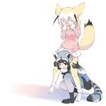  2girls animal_ears black_footwear black_gloves black_hair black_neckwear black_skirt blonde_hair blue_legwear blue_sweater blush bow bowtie carrying commentary_request common_raccoon_(kemono_friends) covering_face elbow_gloves embarrassed fennec_(kemono_friends) fox_ears fox_girl fox_tail fur_collar fur_trim gloves gradient gradient_gloves gradient_legwear grey_gloves grey_hair grey_legwear highres iwa_(iwafish) kemono_friends multicolored multicolored_clothes multicolored_gloves multicolored_hair multicolored_legwear multiple_girls pantyhose piggyback pink_sweater pleated_skirt puffy_short_sleeves puffy_sleeves raccoon_ears raccoon_girl raccoon_tail short_sleeves sidelocks skirt squatting sweater tail thigh-highs white_footwear white_fur white_gloves white_hair white_legwear white_skirt yellow_gloves yellow_legwear yellow_neckwear zettai_ryouiki 