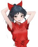  1girl armpits arms_up bangs bow breasts brown_eyes cropped_torso fangs hair_bow hair_ornament han&#039;you_no_yashahime highres inuyasha long_hair looking_at_viewer moroha ohisashiburi open_mouth ponytail red_bow short_sleeves simple_background solo translation_request white_background 