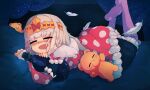  1girl alcohol aurora_sya_lis_kaymin bakadebiru highres lying maou-jou_de_oyasumi open_mouth silver_hair sleeping teddy_demon 