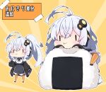  1girl :t antenna_hair black_jacket breasts chibi closed_mouth collared_shirt commentary_request dress eating food grey_dress hair_ornament headset jacket kizuna_akari large_breasts long_hair long_sleeves milkpanda multiple_views onigiri open_clothes open_jacket orange_legwear outline pantyhose ponytail puffy_cheeks puffy_long_sleeves puffy_sleeves shirt silver_hair sleeves_past_wrists star_(symbol) striped striped_legwear sunburst sunburst_background translation_request vertical-striped_legwear vertical_stripes very_long_hair voiceroid wavy_mouth white_outline white_shirt yellow_background 