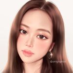 blackpink brown_eyes close-up earrings face forehead jewelry jisoo_(blackpink) lips long_hair looking_at_viewer portrait simple_background umigraphics 