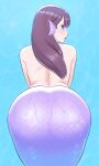  1girl ass back bangs blush brown_hair eyebrows_visible_through_hair fish_scales from_behind head_fins highres kiria_ai looking_at_viewer looking_back mermaid monster_girl original parted_lips scales solo violet_eyes water wet 
