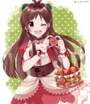  1girl ;d antenna_hair apple apple_earrings apple_print blunt_ends blush brown_hair choker corset dress earrings eyebrows_visible_through_hair food food-themed_earrings frilled_dress frills fruit fruit_basket green_background hair_intakes highres idolmaster idolmaster_cinderella_girls jewelry looking_at_viewer nanao_(nanao1023) one_eye_closed pinafore_dress polka_dot polka_dot_background puffy_short_sleeves puffy_sleeves red_choker red_eyes ringorou_(idolmaster) short_sleeves simple_background smile solo tsujino_akari two-tone_dress wrist_cuffs 