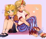  2girls black_footwear blonde_hair blue_background blue_skirt blush_stickers brown_shirt chain cuffs eighth_note geta green_eyes hands_on_own_knees highres horns hoshiguma_yuugi knees_up leaning_on_person leg_hug looking_at_another looking_at_viewer mito_(mo96g) mizuhashi_parsee multiple_girls musical_note pink_background pink_legwear pointy_ears puffy_short_sleeves puffy_sleeves red_eyes shackles shadow shirt shoes short_hair short_sleeves sideways_glance simple_background single_horn single_shoe sitting skirt smile socks star_(symbol) striped striped_skirt touhou two-tone_background white_shirt 