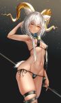  1girl :o absurdres animal_ear_fluff animal_ears arknights arm_up armpits bangs beeswax_(arknights) bikini black_bikini black_panties blush breasts cowboy_shot dark_skin dark-skinned_female eyebrows_visible_through_hair highres holding horns looking_at_viewer navel open_mouth panties pottsness see-through short_hair_with_long_locks side-tie_bikini side-tie_panties simple_background skindentation small_breasts solo standing swimsuit tail thigh_strap thighs twitter_username underwear wavy_mouth white_hair yellow_eyes 