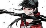  1girl bangs black_hair blunt_bangs closed_mouth collarbone commentary_request dangan_ronpa floating_hair hair_ornament hair_scrunchie harukawa_maki highres long_hair low_twintails mole mole_under_eye new_dangan_ronpa_v3 on_(onon2659) portrait red_eyes red_scrunchie red_shirt sailor_collar school_uniform scrunchie serafuku serious shirt solo twintails 