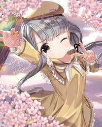  1girl absurdres arm_up bangs blush braid cherry_blossoms closed_mouth dress eyebrows_visible_through_hair grey_eyes grey_hair hair_ribbon highres hisakawa_nagi idolmaster idolmaster_cinderella_girls long_hair one_eye_closed outdoors pinafore_dress ribbon sailor_dress school_uniform single_braid smile solo standing twintails yata_(yatao_zzz) yellow_dress yellow_headwear yellow_nails 