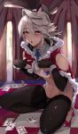  1boy animal_ears asymmetrical_hair black_legwear blush bulge cape card commentary_request corrin_(fire_emblem) corrin_(fire_emblem)_(male) covered_nipples crossdressinging elbow_gloves embarrassed eyelashes fake_animal_ears fingerless_gloves fire_emblem fire_emblem_fates full_body fur_trim gloves hair_between_eyes high_heels highres looking_at_viewer male_focus navel open_mouth otoko_no_ko playing_card playing_games pointy_ears rabbit_ears red_eyes red_footwear shadow shiny shiny_hair shiny_skin silver_hair single_sidelock sleeve_cuffs solo squatting thighs toned toned_male w_(1999_kyu) wrist_cuffs 