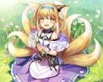  1girl :d animal_ear_fluff animal_ears arknights bare_shoulders blonde_hair blue_hairband braid commentary day flower frilled_skirt frills grass hair_rings hairband highres holding holding_flower ion_(on01e) looking_at_viewer multicolored_hair multiple_tails on_grass open_mouth outdoors pleated_skirt purple_skirt shirt sidelocks skirt smile solo sparkle sunlight suzuran_(arknights) tail twin_braids two-tone_hair white_flower white_hair white_shirt 