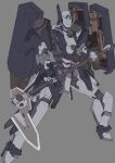  aiyat_@_maotto assault_rifle fighting_stance grey_background gun holding holding_scythe knife looking_down mecha no_humans original rifle science_fiction scythe solo standing visor weapon weapon_case 
