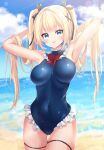  1girl :p armpits arms_behind_head arms_up ass_visible_through_thighs azur_lane beach blonde_hair blue_eyes blue_swimsuit blush breasts clouds covered_navel dead_or_alive frilled_swimsuit frills highres long_hair looking_back marie_rose ocean one_eye_closed outdoors ruima sky smile solo swimsuit thigh_gap thigh_strap thighs tongue tongue_out twintails very_long_hair 