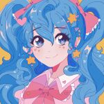  1girl blue_eyes blue_hair bow collared_shirt earrings eyebrows_visible_through_hair frilled_bow frills hair_between_eyes hair_ornament hairclip hatsune_miku heart highres jewelry long_hair meowwniz pink_bow portrait shirt smile solo twintails vocaloid yellow_background 