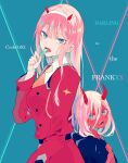  1girl :d back-to-back belt blue_background blue_eyes candy character_name coat copyright_name darling_in_the_franxx dual_persona eating fingernails food from_side highres horns lollipop long_hair long_sleeves looking_at_viewer multiple_persona nail_polish oni open_mouth pink_hair pink_nails red_coat red_oni red_skin satsuki_(miicat) sharp_teeth smile teeth time_paradox zero_two_(darling_in_the_franxx) 