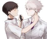  2boys blush brown_hair closed_eyes collar collared_shirt commentary_request earphones from_side grey_background grey_hair grey_shirt highres holding ikari_shinji looking_at_another male_focus multiple_boys muuyiie neon_genesis_evangelion open_mouth pale_skin profile purple_shirt red_eyes shirt short_hair short_sleeves simple_background smile striped striped_shirt upper_body white_background white_hair 