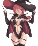  1girl black_cape black_legwear borrowed_character breasts breasts_apart brown_eyes cape cowboy_shot elbow_gloves fingerless_gloves glasses gloves hat highres holding holding_wand looking_at_viewer medium_breasts navel one_eye_closed original pink_hair ponytail rakeem_garcia-cueto simple_background solo thigh-highs wand white_background witch_hat 